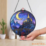 Fantasy Castle Stained Glass Suncatcher Crescent Moon Night Sky Window Hanging Purple Gothic Glass Panel Gift for