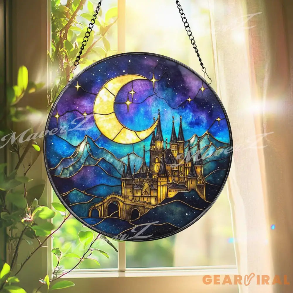 Fantasy Castle Stained Glass Suncatcher Moonlight Night Window Panel Magical Gothic Castle Decor for Fantasy Lovers and