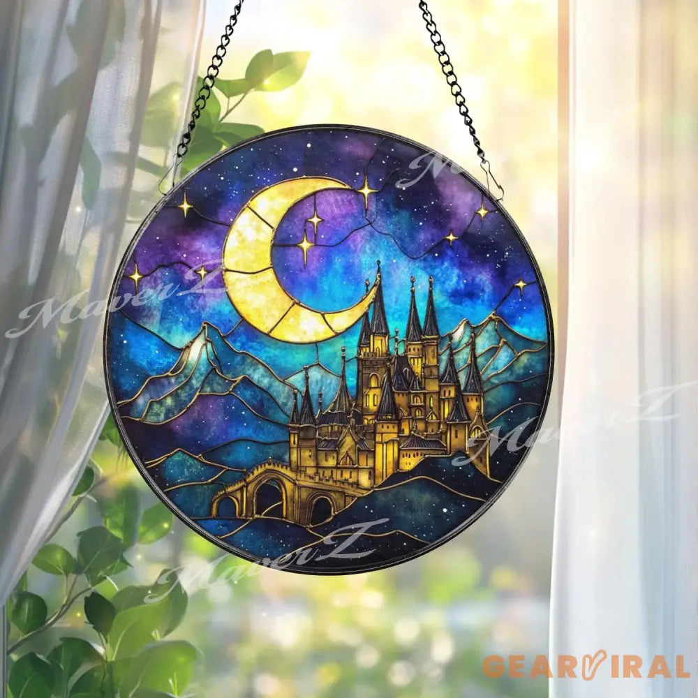 Fantasy Castle Stained Glass Suncatcher Moonlight Night Window Panel Magical Gothic Castle Decor for Fantasy Lovers and