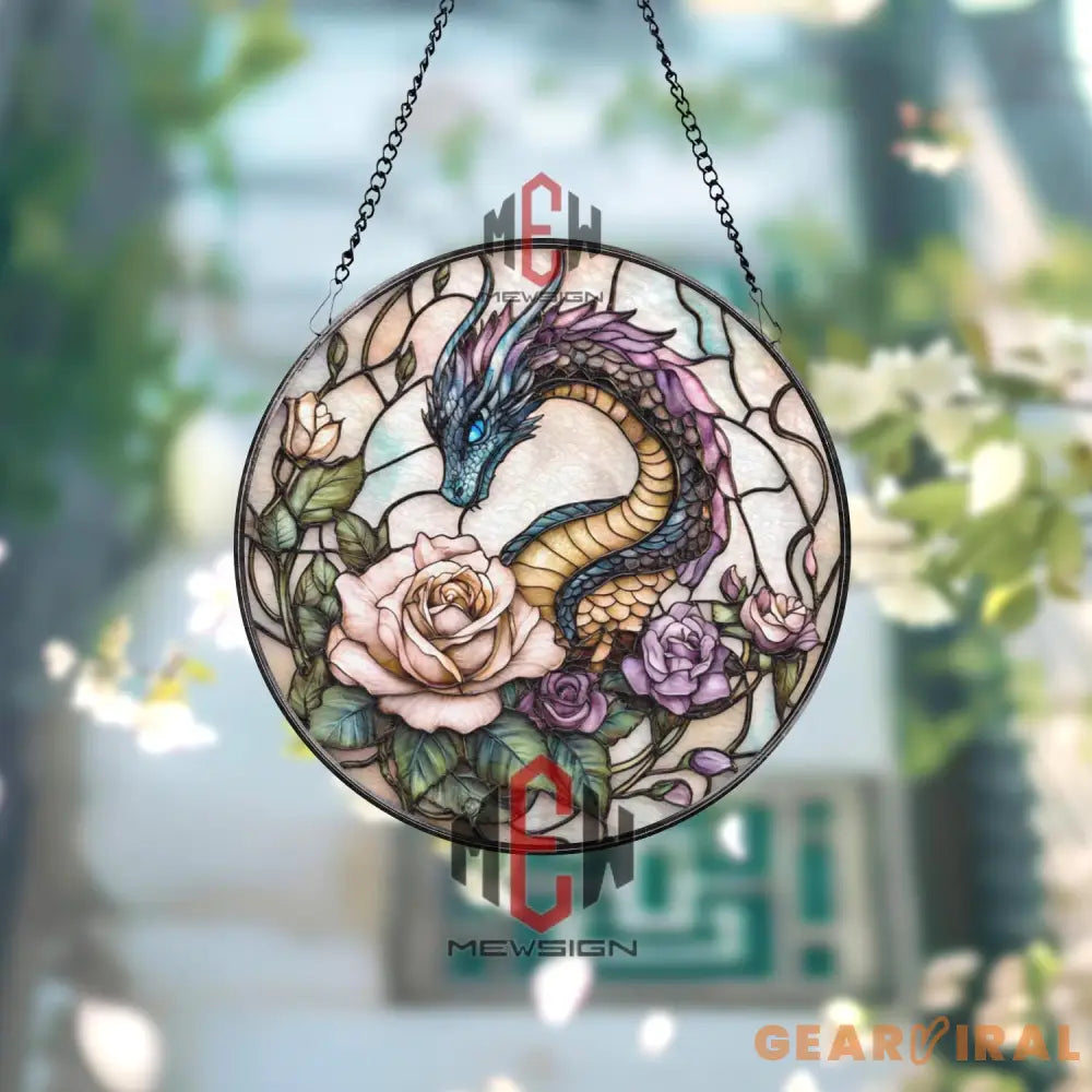 Fantasy Dragon and Roses Stained Glass Suncatcher Elegant Serpent Dragon Window Art Round Floral Mythical Panel