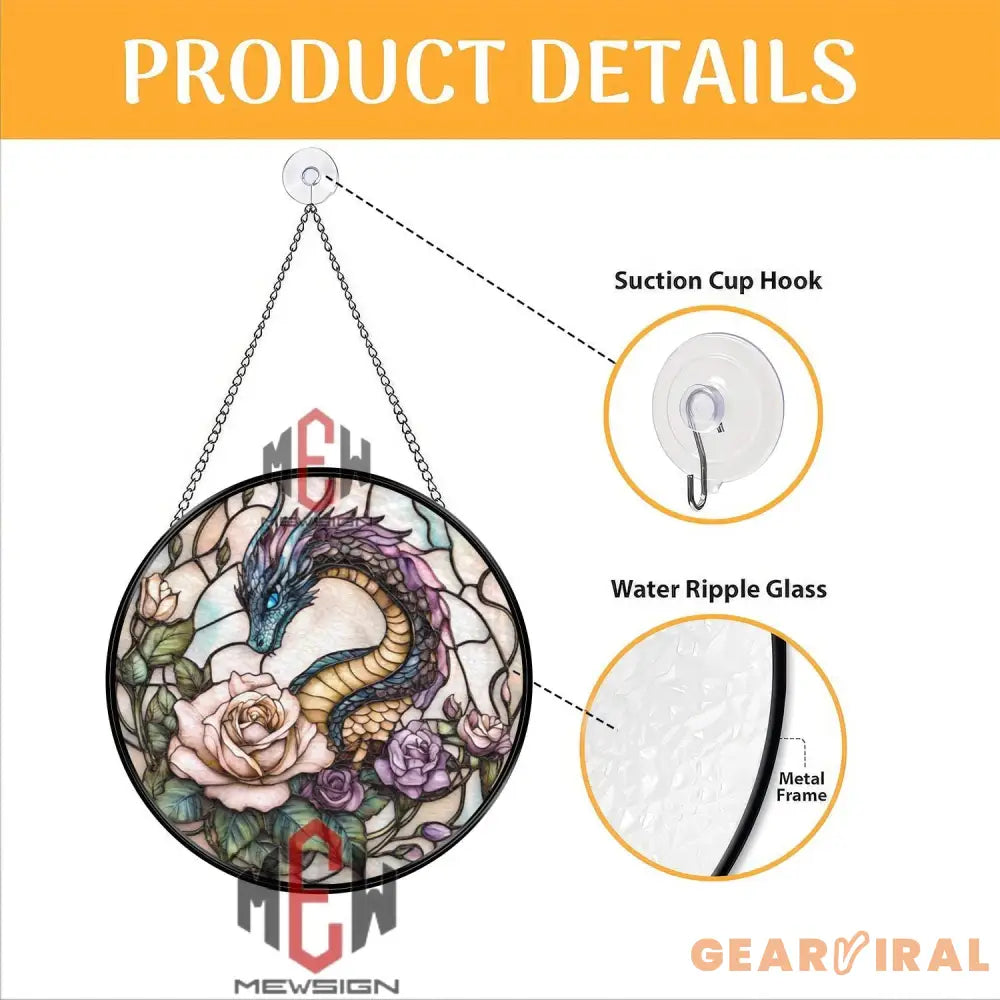 Fantasy Dragon and Roses Stained Glass Suncatcher Elegant Serpent Dragon Window Art Round Floral Mythical Panel