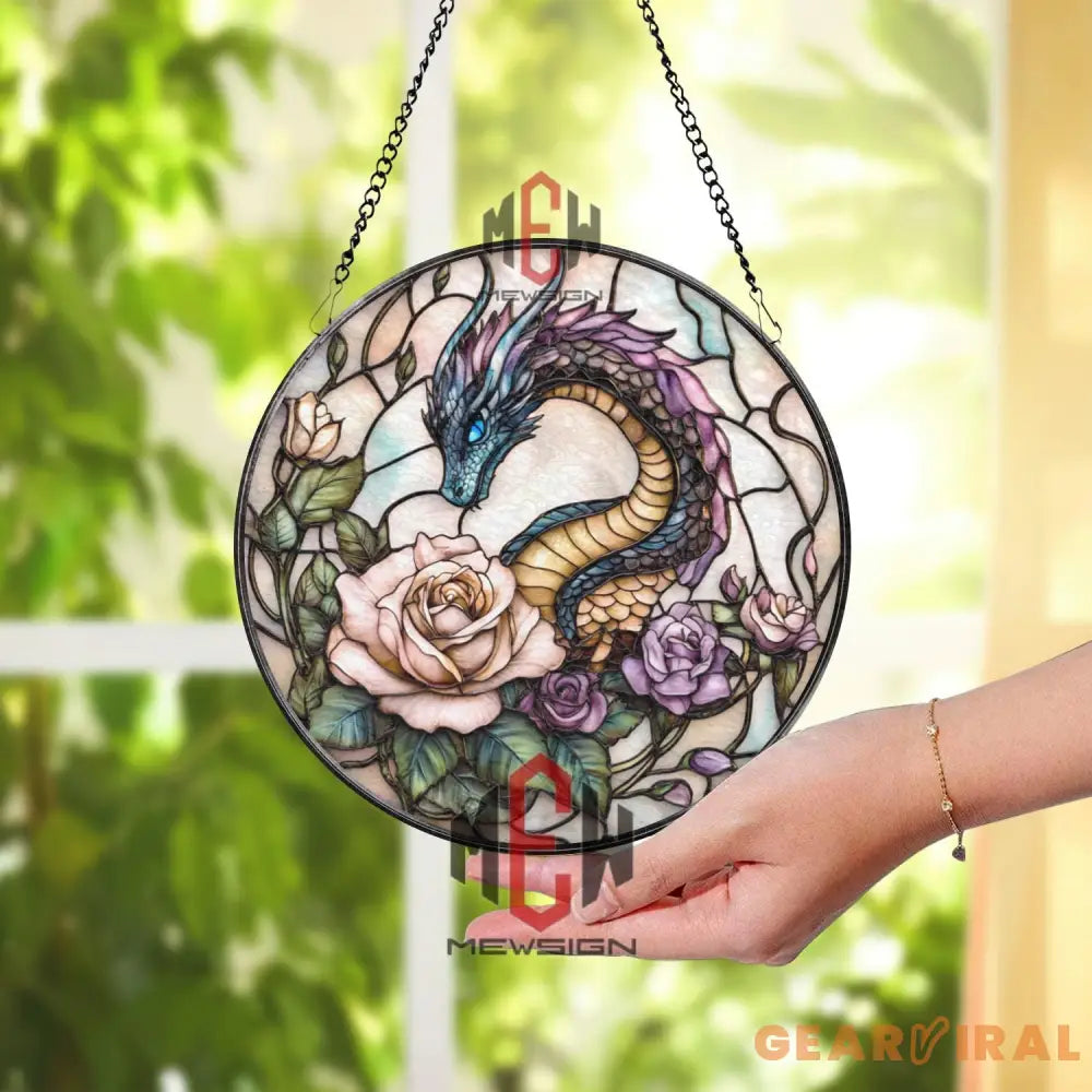 Fantasy Dragon and Roses Stained Glass Suncatcher Elegant Serpent Dragon Window Art Round Floral Mythical Panel
