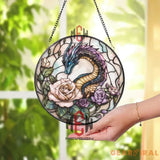 Fantasy Dragon and Roses Stained Glass Suncatcher Elegant Serpent Dragon Window Art Round Floral Mythical Panel
