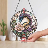 Fantasy Dragon and Roses Stained Glass Suncatcher Elegant Serpent Dragon Window Art Round Floral Mythical Panel