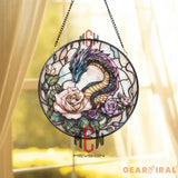 Fantasy Dragon and Roses Stained Glass Suncatcher Elegant Serpent Dragon Window Art Round Floral Mythical Panel