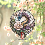 Fantasy Dragon and Roses Stained Glass Suncatcher Elegant Serpent Dragon Window Art Round Floral Mythical Panel