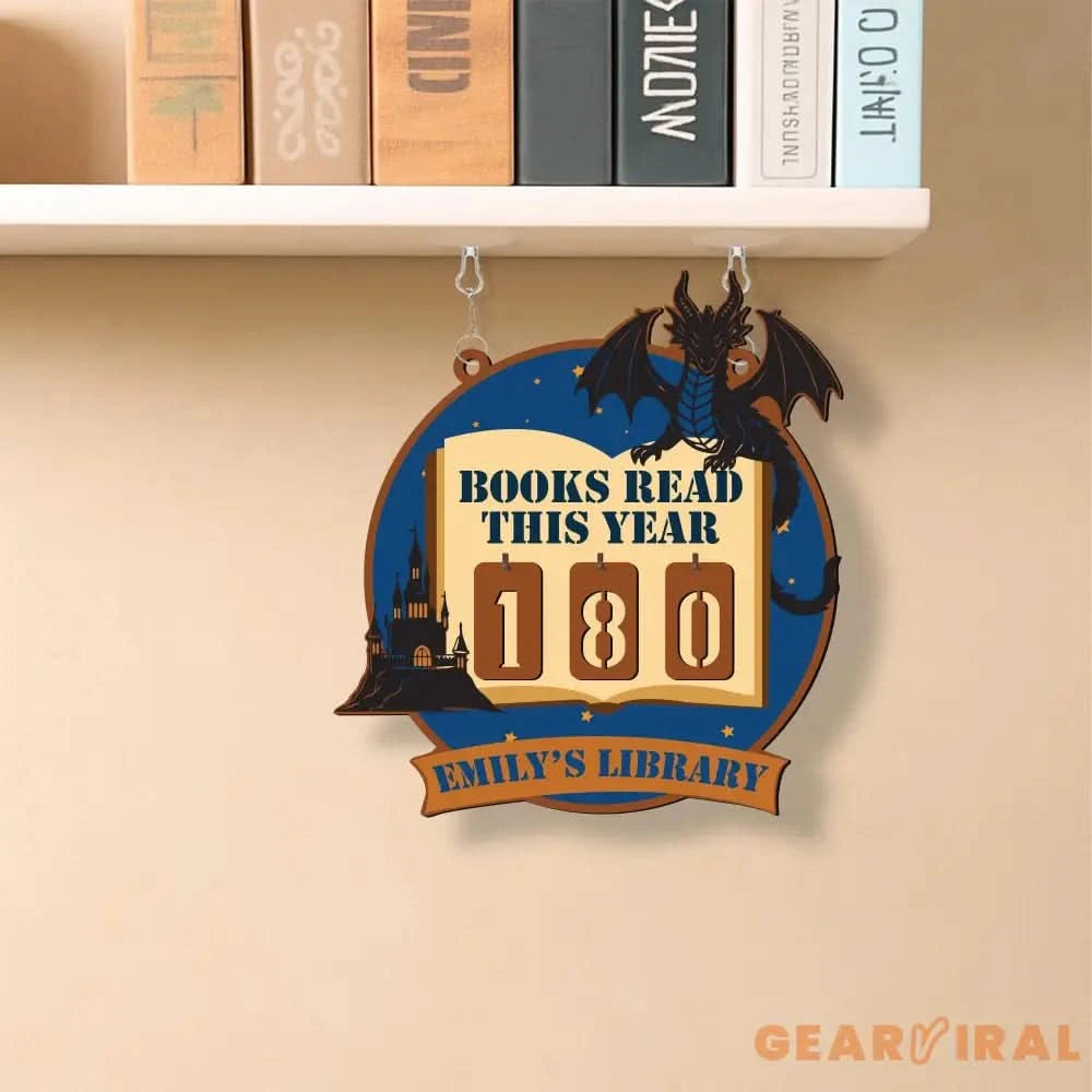 Fantasy Dragon Books Read Tracker Sign, Personalized Wooden Library Reading Counter, Custom Book Lover Gift, Magical Home Decor