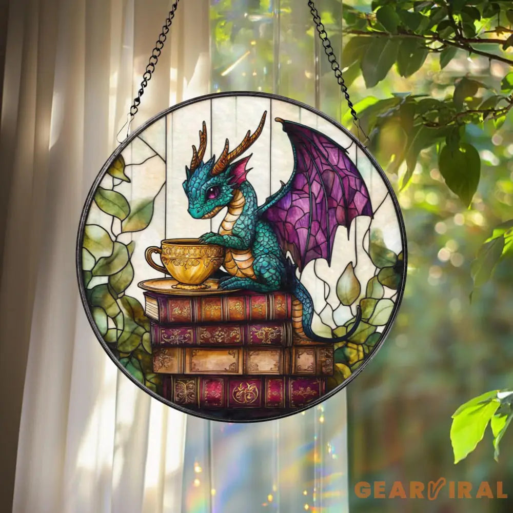Fantasy Dragon Stained Glass Suncatcher Cute Teal Dragon with Tea Cup on Books Mystical Window Panel Gift for Bookworms