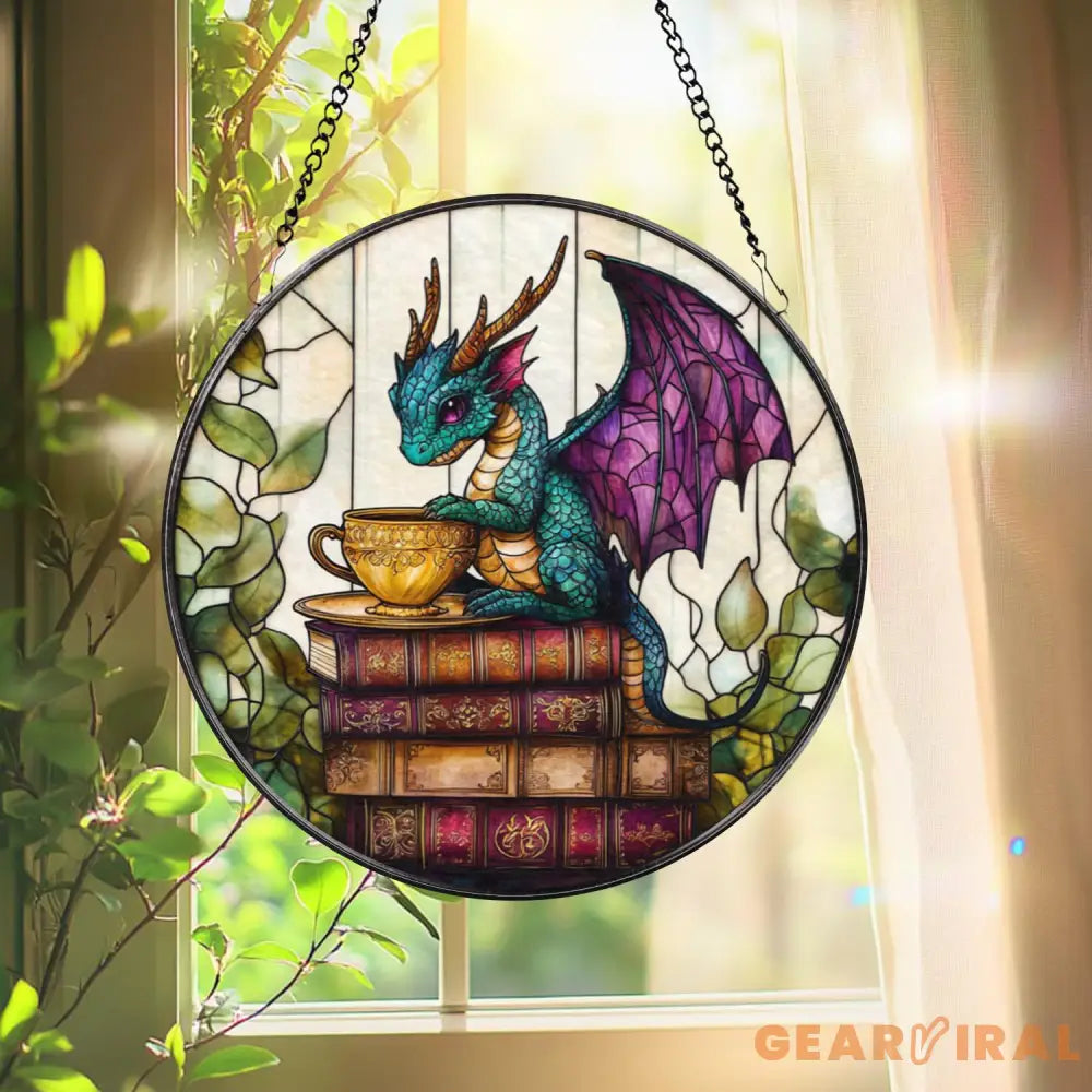 Fantasy Dragon Stained Glass Suncatcher Cute Teal Dragon with Tea Cup on Books Mystical Window Panel Gift for Bookworms