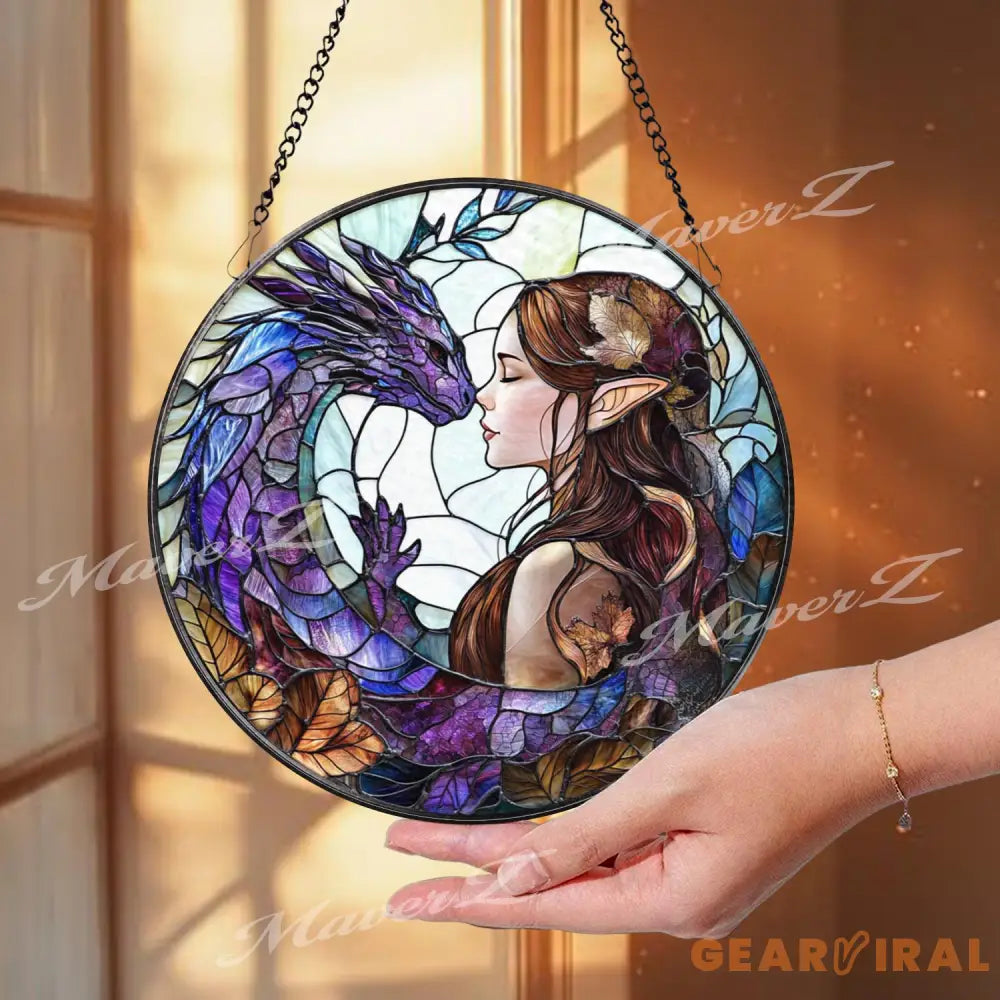 Fantasy Elf and Dragon Stained Glass Suncatcher Purple Dragon Window Hanging Elven Lover Gift Magical Window Art Mystic