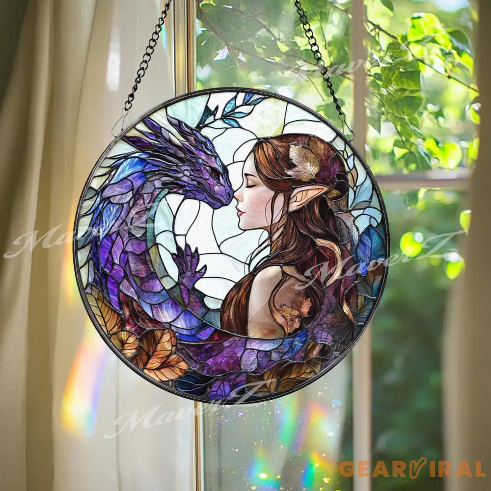Fantasy Elf and Dragon Stained Glass Suncatcher Purple Dragon Window Hanging Elven Lover Gift Magical Window Art Mystic