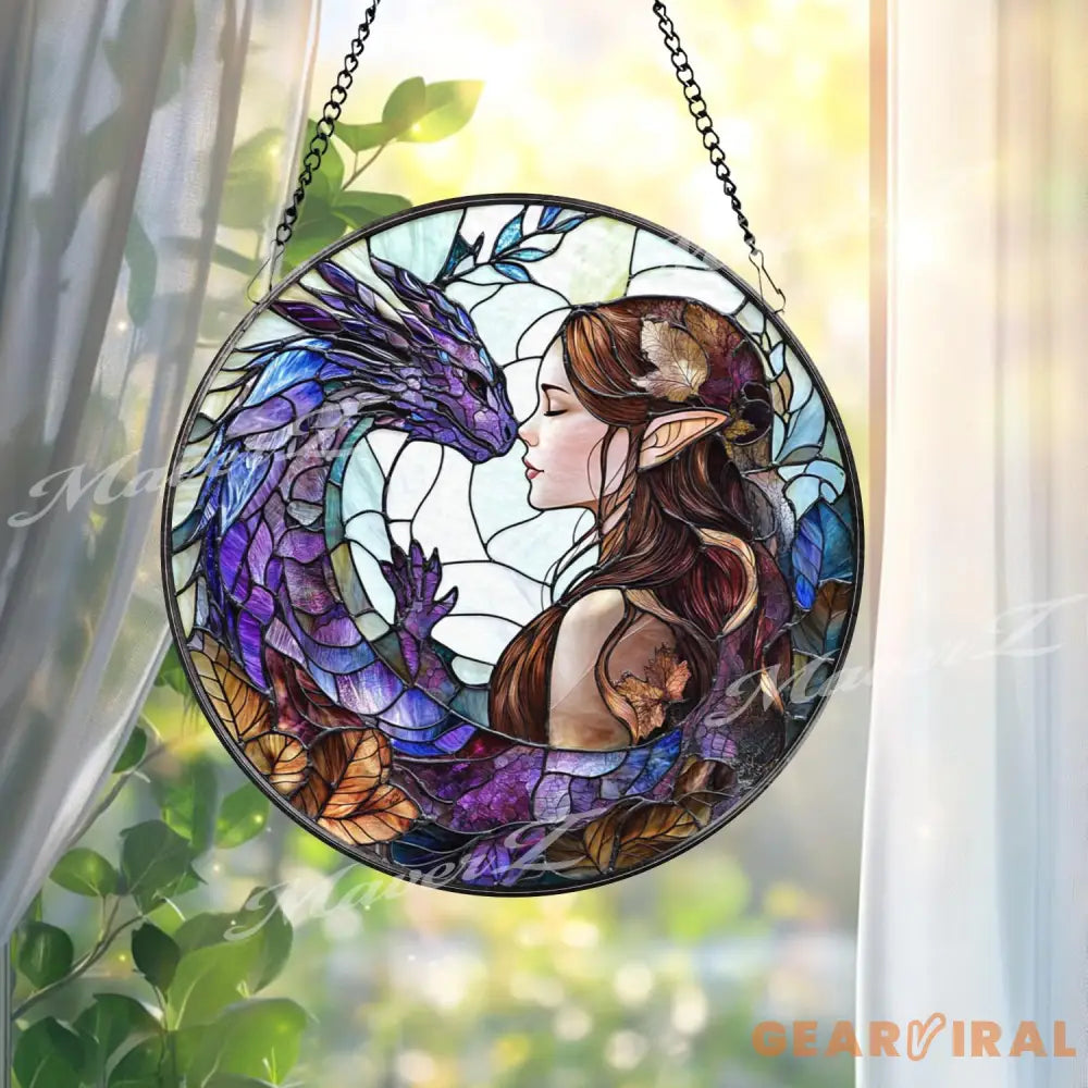 Fantasy Elf and Dragon Stained Glass Suncatcher Purple Dragon Window Hanging Elven Lover Gift Magical Window Art Mystic