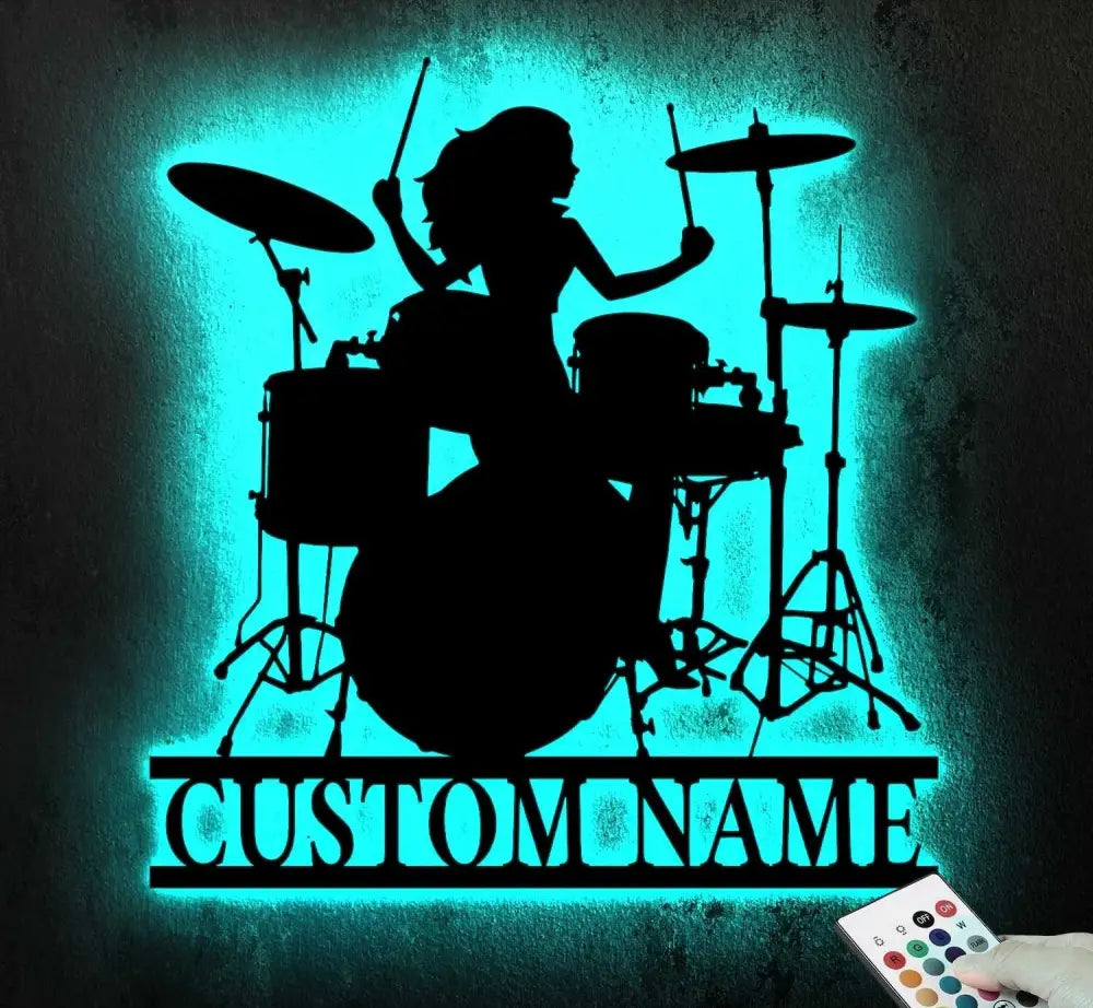 Female Drummer Name Sign Metal with LED Lights - Drummer Gifts - Musical Instruments - Girl Play Drum | GearViral