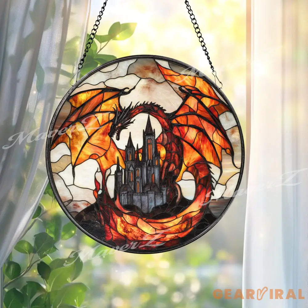 Fiery Dragon Stained Glass Suncatcher with Castle Gothic Fantasy Window Hanging Medieval Creature Decor for Dragon