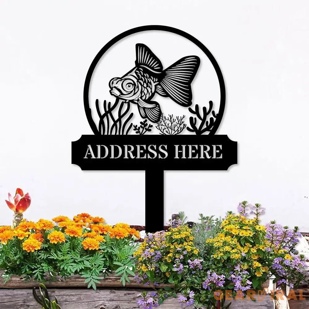 Fish Address Metal Sign Metal Stake Personalized Name Yard Sign Outdoor Door Garden Decor Metal Sign Address Number