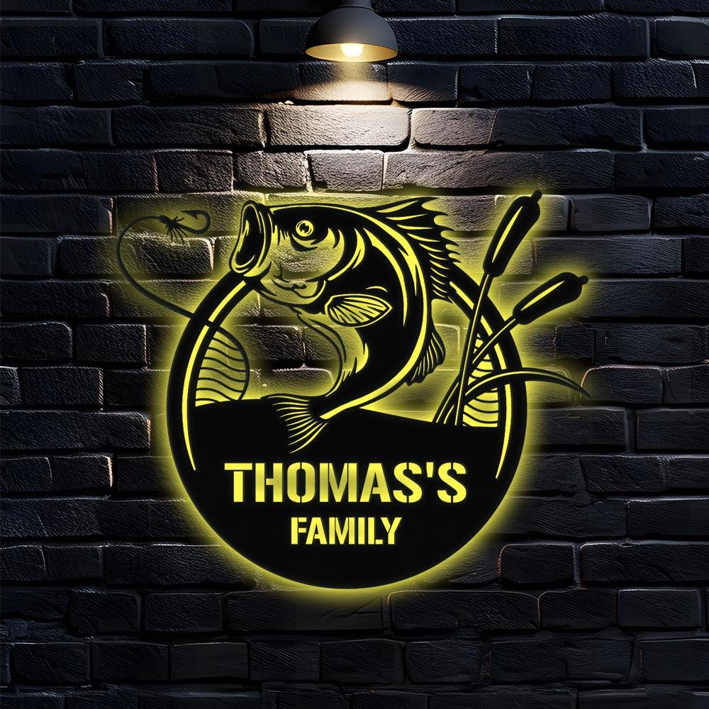 Fishing Family Metal LED Sign, Personalized Family Name Metal Sign, Outdoor Door Decor, Fishing Lover Wall Art, Gift for Housewarming