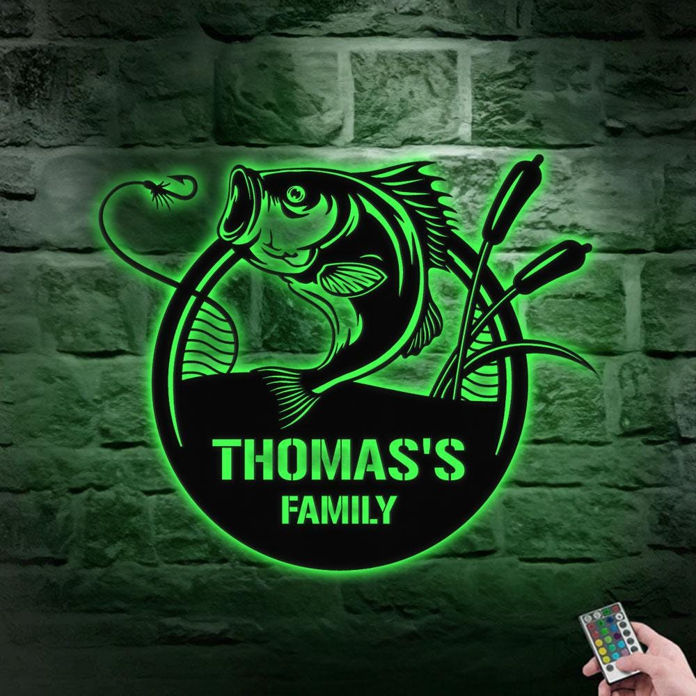 Fishing Family Metal LED Sign, Personalized Family Name Metal Sign, Outdoor Door Decor, Fishing Lover Wall Art, Gift for Housewarming