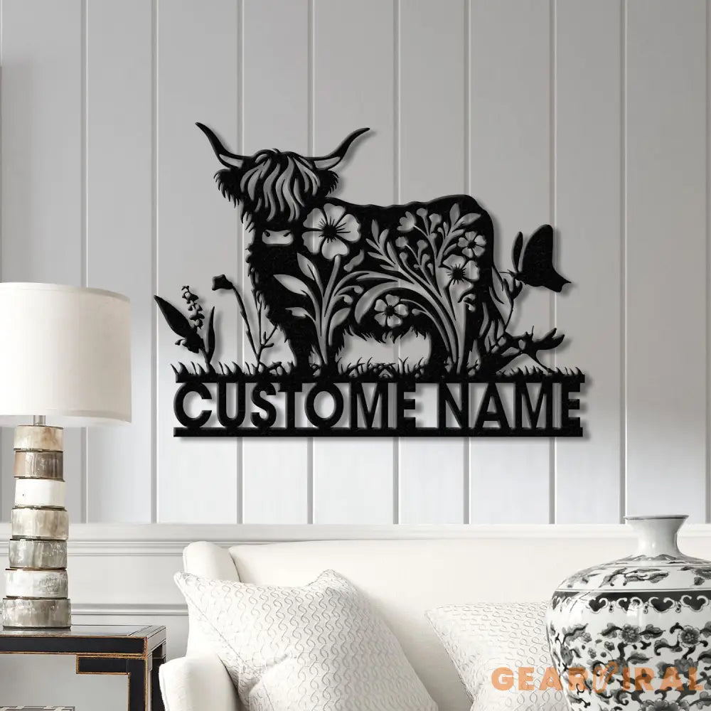 Floral Highland Cow Metal Sign Custom Highland Cow Wall Art Personalized Highland Cow Farm Sign Farmhouse Decor Ranch