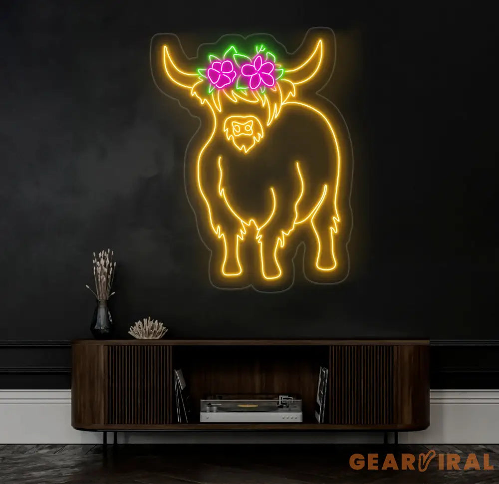 Floral Shetland Cow Neon Sign - Custom Highland Herd LED Light Western Bull Farmhouse Decor Unique Cow Lover Gift Patio