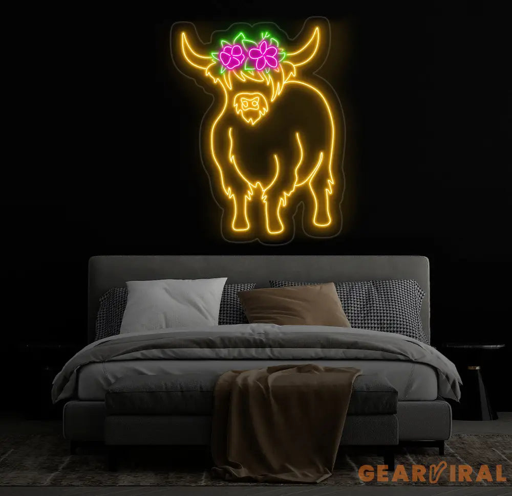 Floral Shetland Cow Neon Sign - Custom Highland Herd LED Light Western Bull Farmhouse Decor Unique Cow Lover Gift Patio
