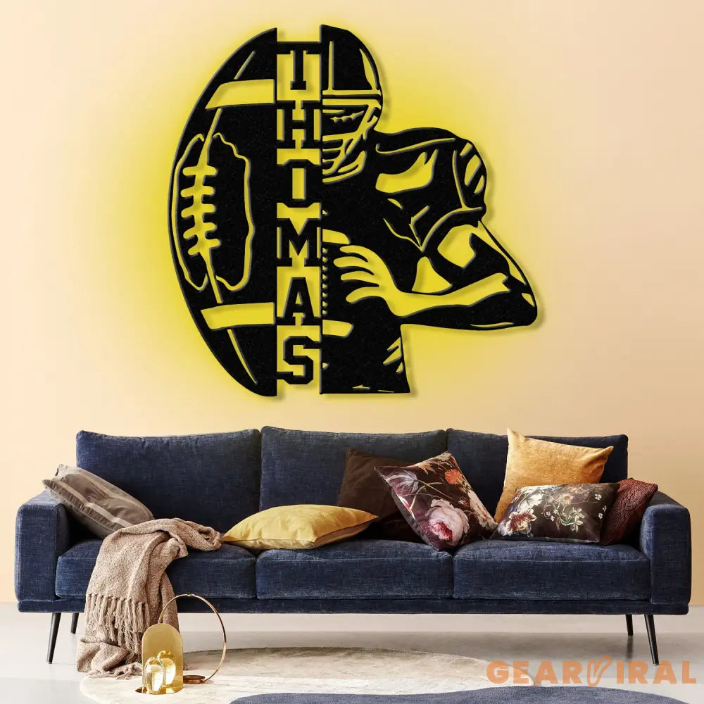 Football Player Metal Wall Art with LED Light Personalized Football Name Sign Sport Room Decor Xmas Birthday Gift for