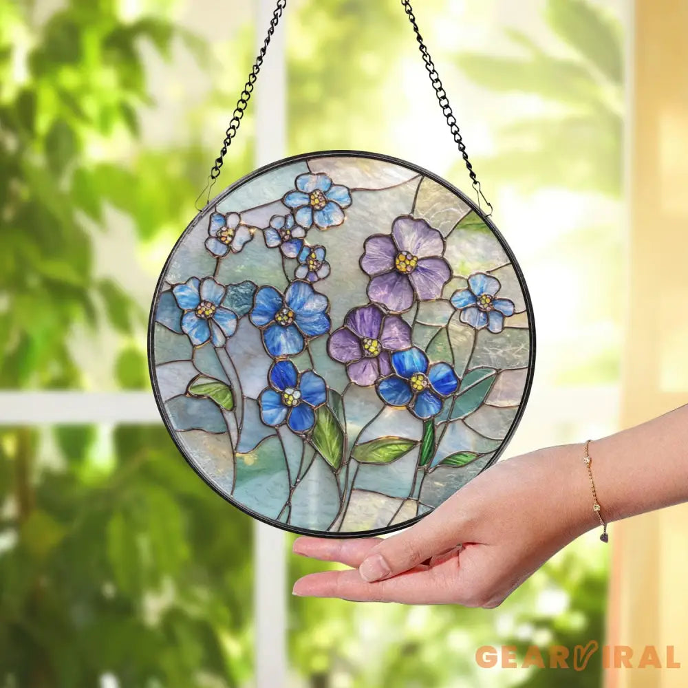 Forget Me Not Stained Glass Suncatcher Blue and Purple Wildflower Window Hanging Memorial Floral Art Gift for Mom Gift