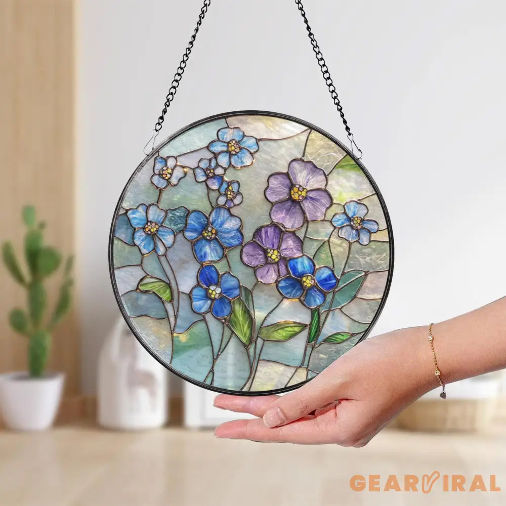 Forget Me Not Stained Glass Suncatcher Blue and Purple Wildflower Window Hanging Memorial Floral Art Gift for Mom Gift