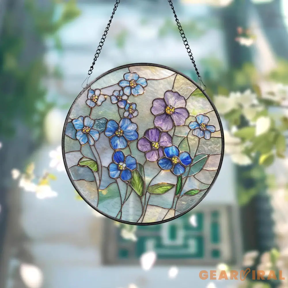 Forget Me Not Stained Glass Suncatcher Blue and Purple Wildflower Window Hanging Memorial Floral Art Gift for Mom Gift