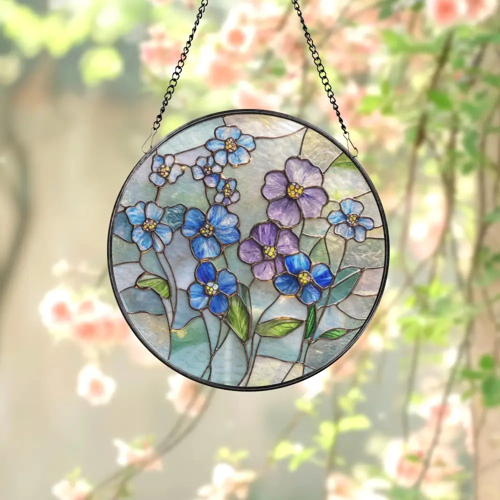 Forget Me Not Stained Glass Suncatcher Blue and Purple Wildflower Window Hanging Memorial Floral Art Gift for Mom Gift