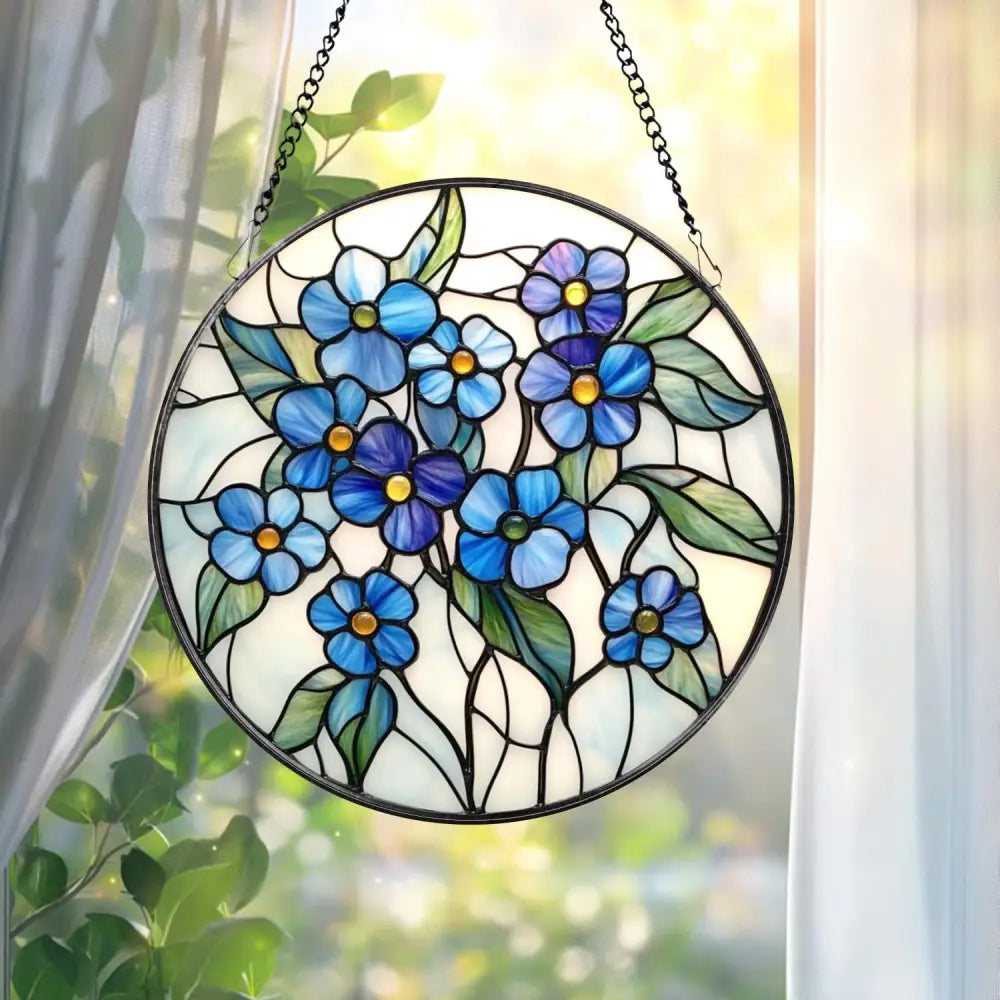 Forget-Me-Not Stained Glass Suncatcher Blue Floral Window Hanging Botanical Home Decor Memorial Gift for Mom or Grandma