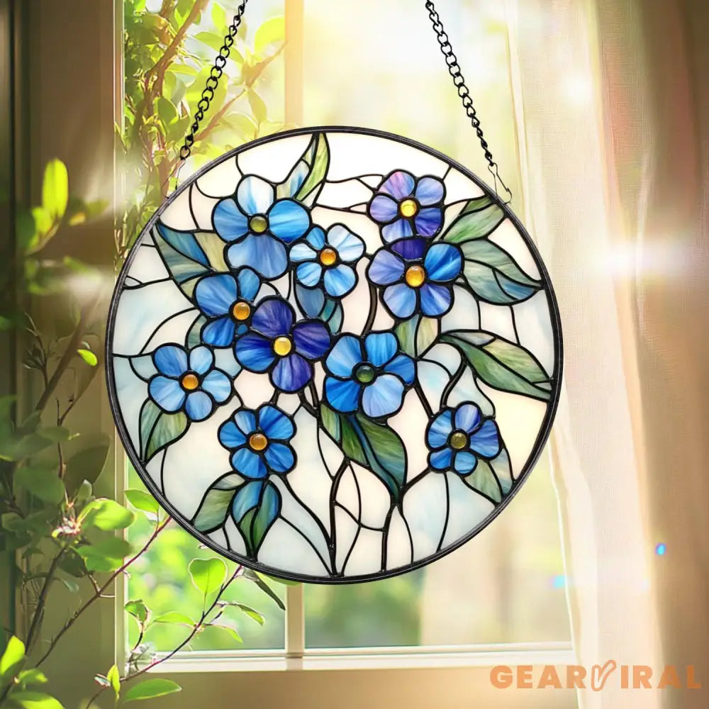 Forget-Me-Not Stained Glass Suncatcher Blue Floral Window Hanging Botanical Home Decor Memorial Gift for Mom or Grandma