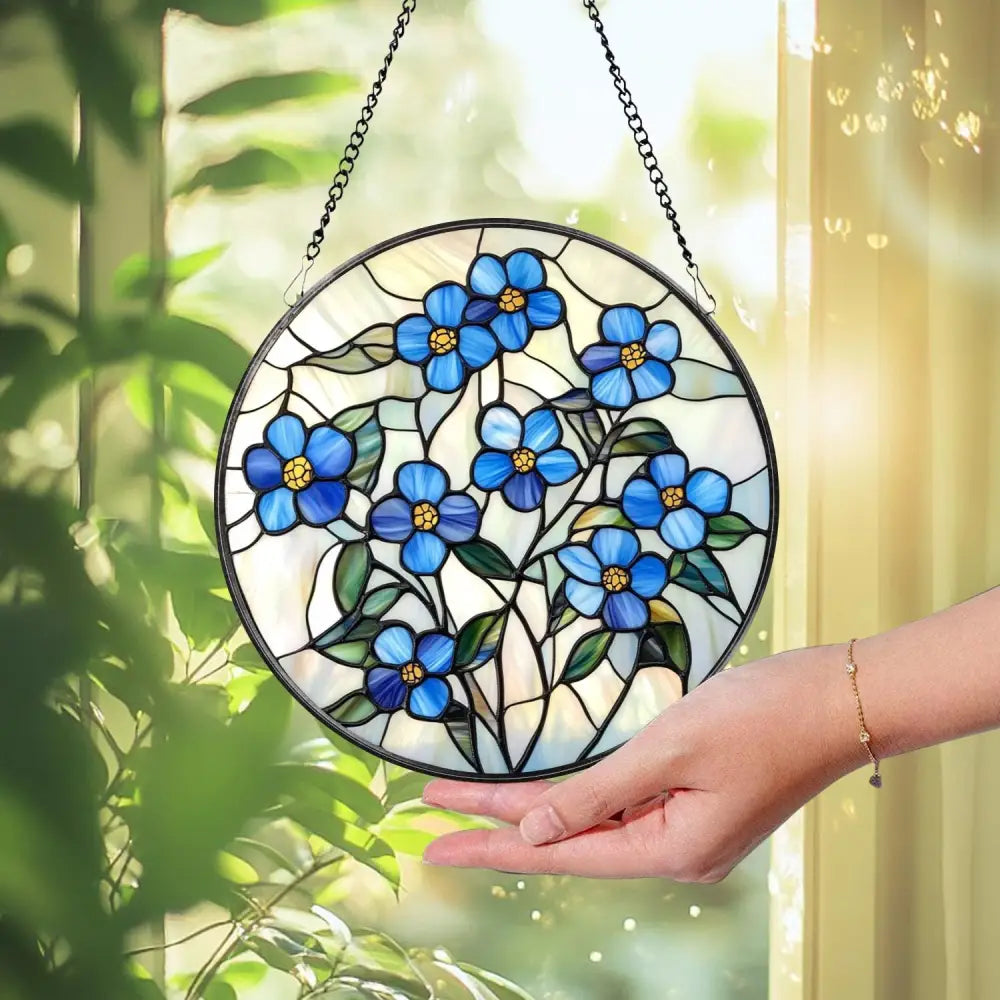 Forget-Me-Not Stained Glass Suncatcher Botanical Window Hanging Handmade Floral Decor Nature-Inspired Gift for Garden