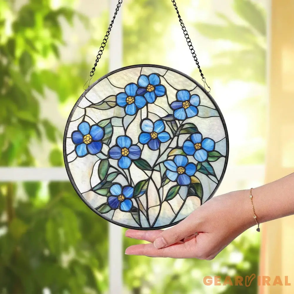Forget-Me-Not Stained Glass Suncatcher Botanical Window Hanging Handmade Floral Decor Nature-Inspired Gift for Garden
