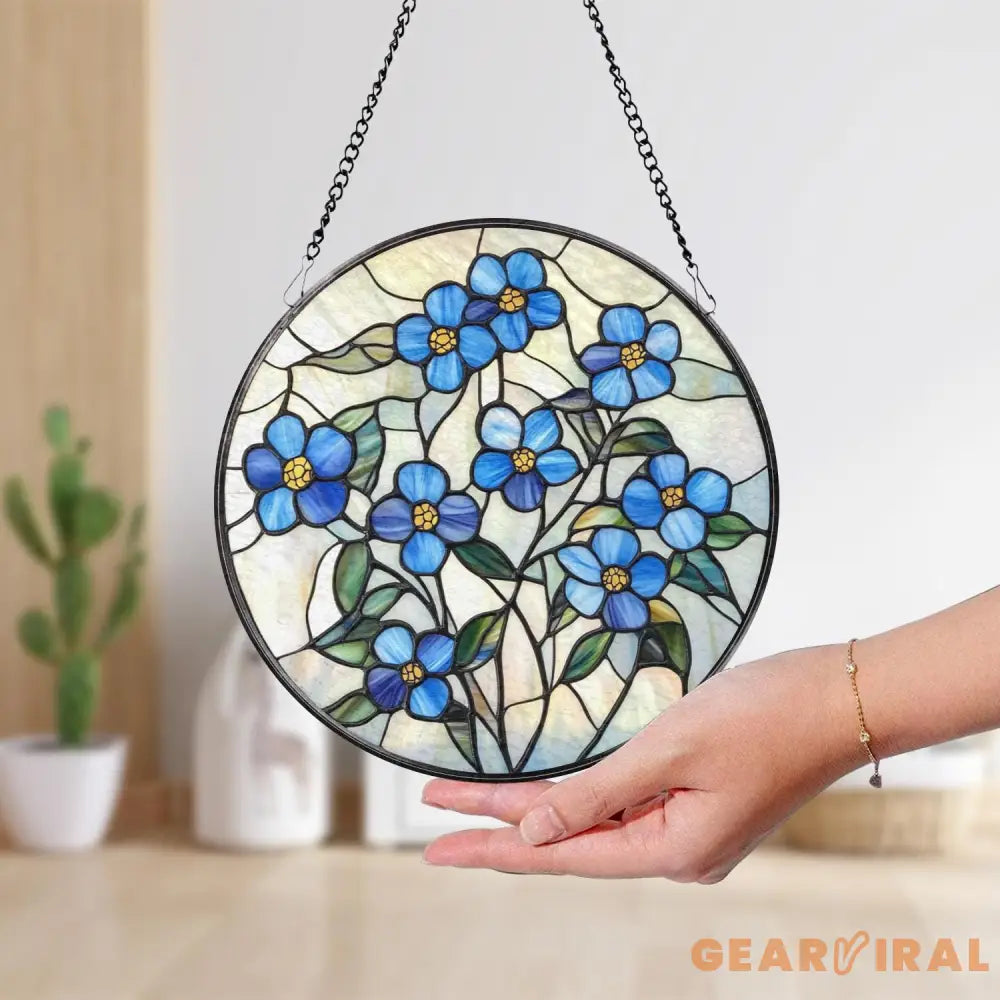 Forget-Me-Not Stained Glass Suncatcher Botanical Window Hanging Handmade Floral Decor Nature-Inspired Gift for Garden