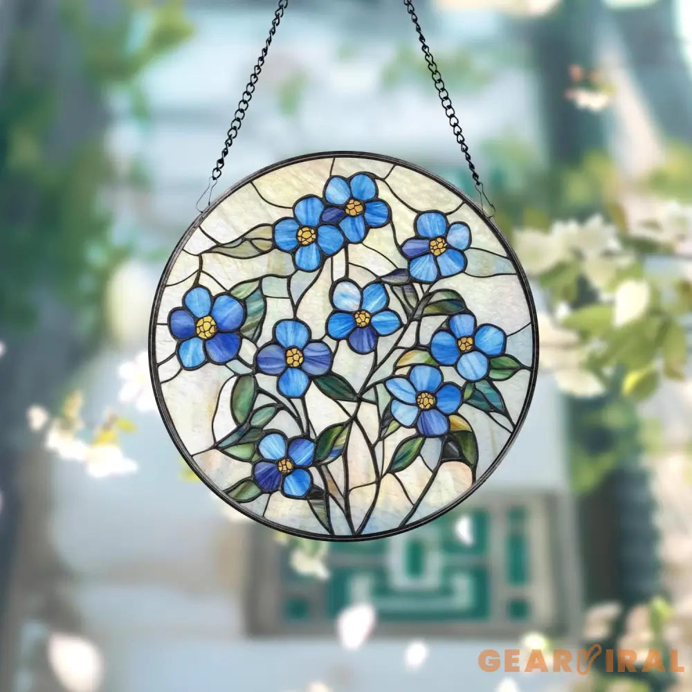 Forget-Me-Not Stained Glass Suncatcher Botanical Window Hanging Handmade Floral Decor Nature-Inspired Gift for Garden
