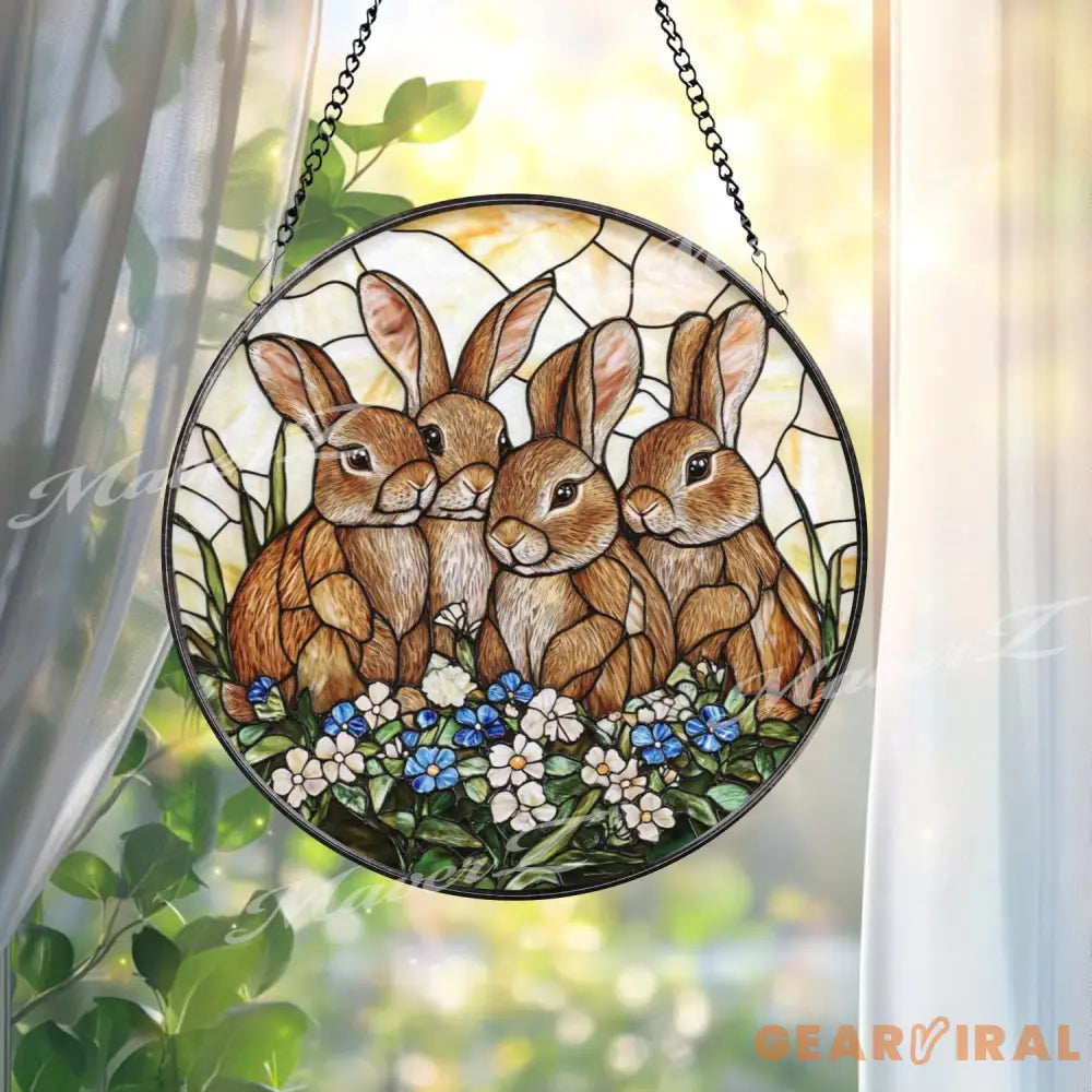 Four Bunny Rabbits Stained Glass Suncatcher Cute Rabbit Family Window Hanging Spring Garden Animal Decor Easter Bunny