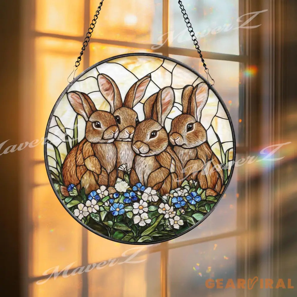 Four Bunny Rabbits Stained Glass Suncatcher Cute Rabbit Family Window Hanging Spring Garden Animal Decor Easter Bunny
