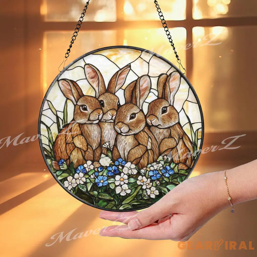 Four Bunny Rabbits Stained Glass Suncatcher Cute Rabbit Family Window Hanging Spring Garden Animal Decor Easter Bunny