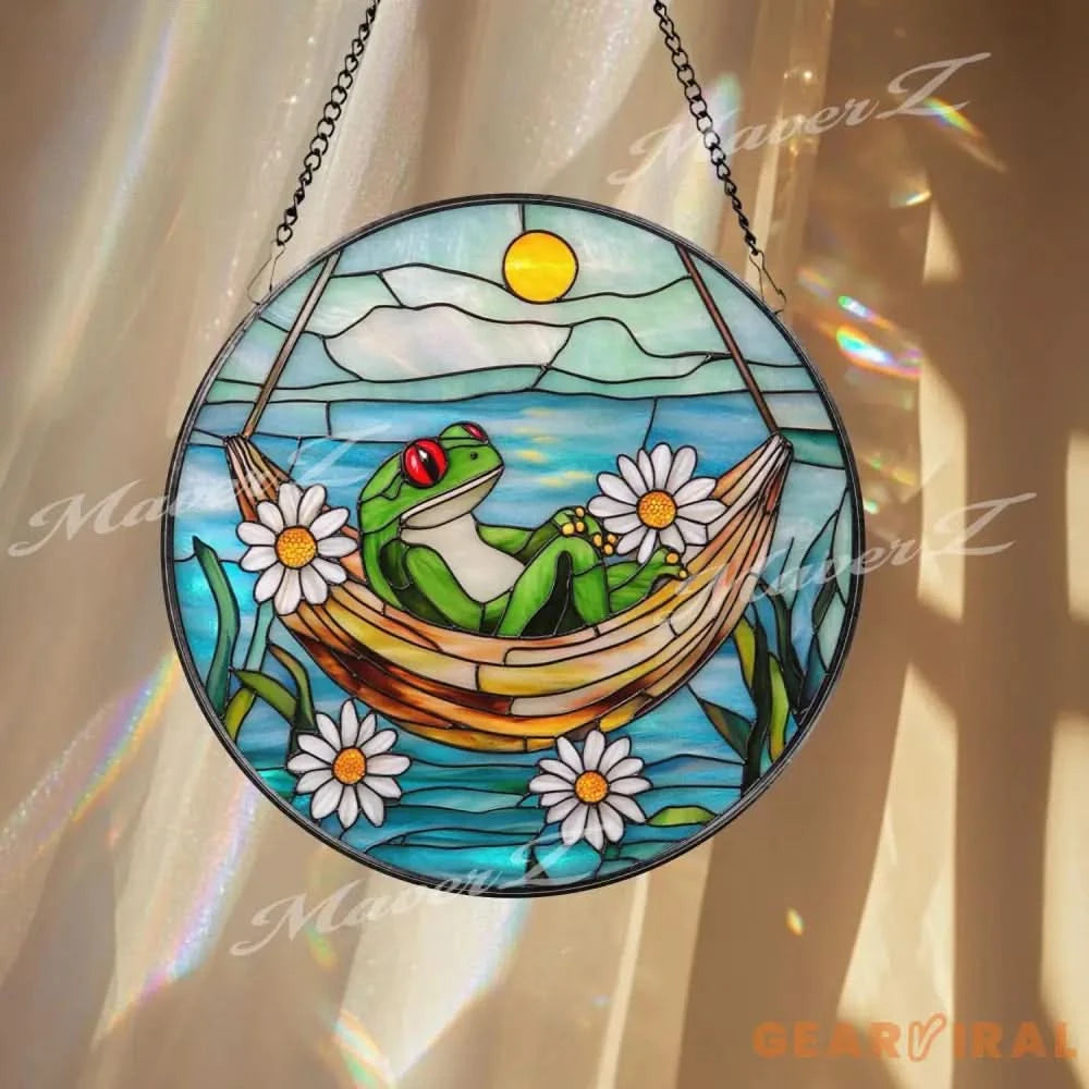 Frog Hammock Stained Glass Suncatcher Relaxed Frog Window Hanging Funny Garden Decor Frog Lover Gift Whimsical Window