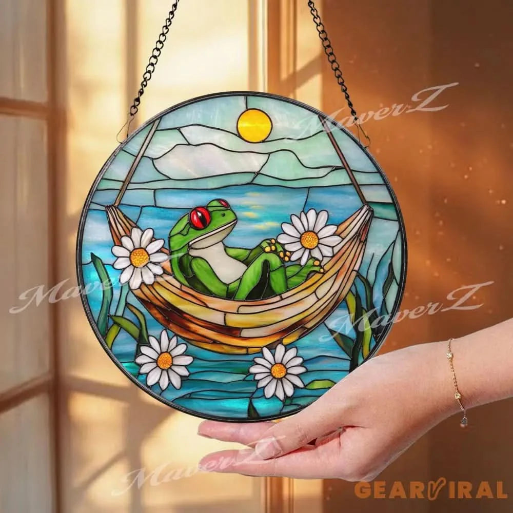 Frog Hammock Stained Glass Suncatcher Relaxed Frog Window Hanging Funny Garden Decor Frog Lover Gift Whimsical Window
