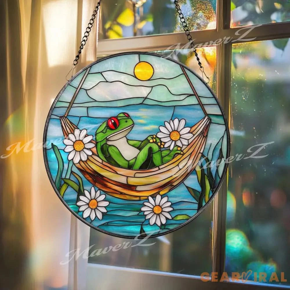Frog Hammock Stained Glass Suncatcher Relaxed Frog Window Hanging Funny Garden Decor Frog Lover Gift Whimsical Window