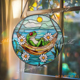 Frog Hammock Stained Glass Suncatcher Relaxed Frog Window Hanging Funny Garden Decor Frog Lover Gift Whimsical Window