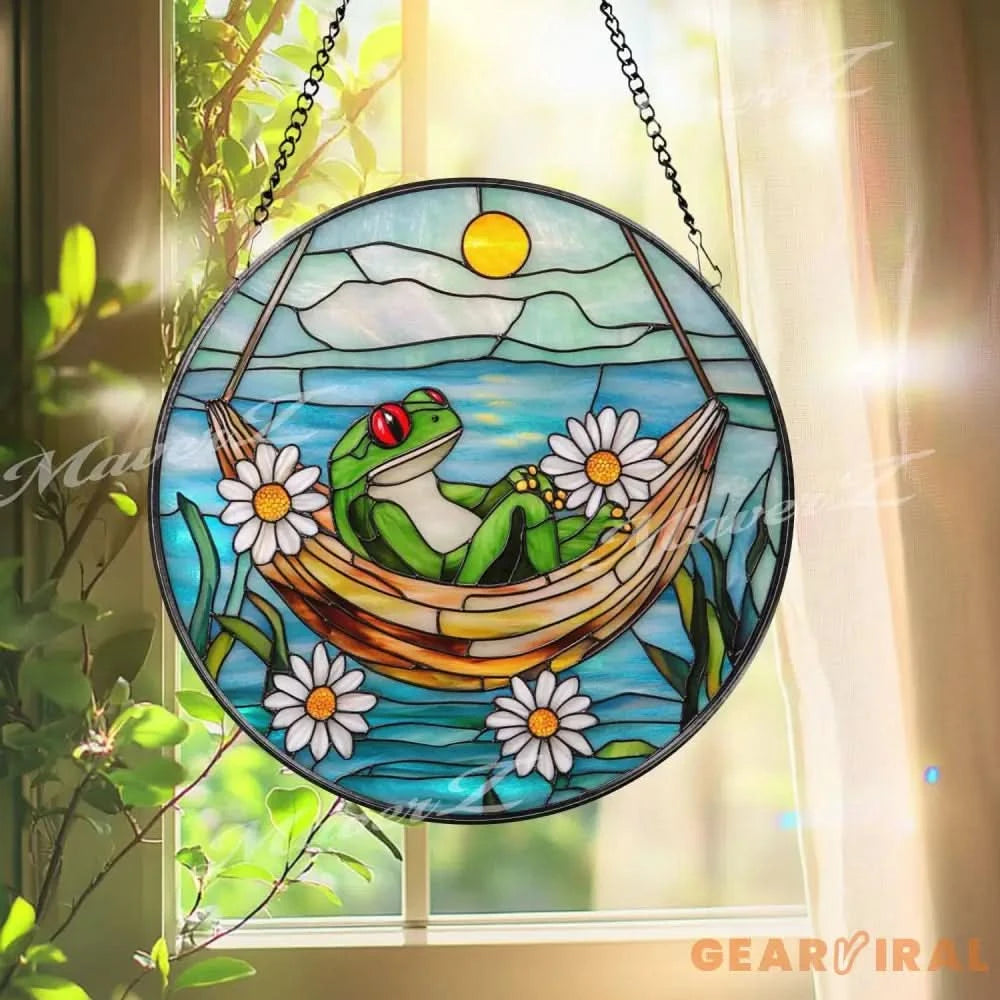 Frog Hammock Stained Glass Suncatcher Relaxed Frog Window Hanging Funny Garden Decor Frog Lover Gift Whimsical Window