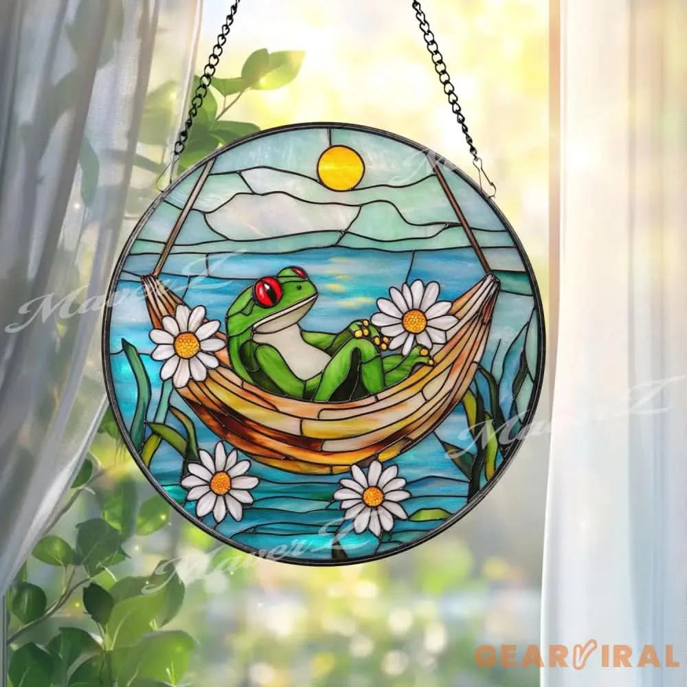 Frog Hammock Stained Glass Suncatcher Relaxed Frog Window Hanging Funny Garden Decor Frog Lover Gift Whimsical Window