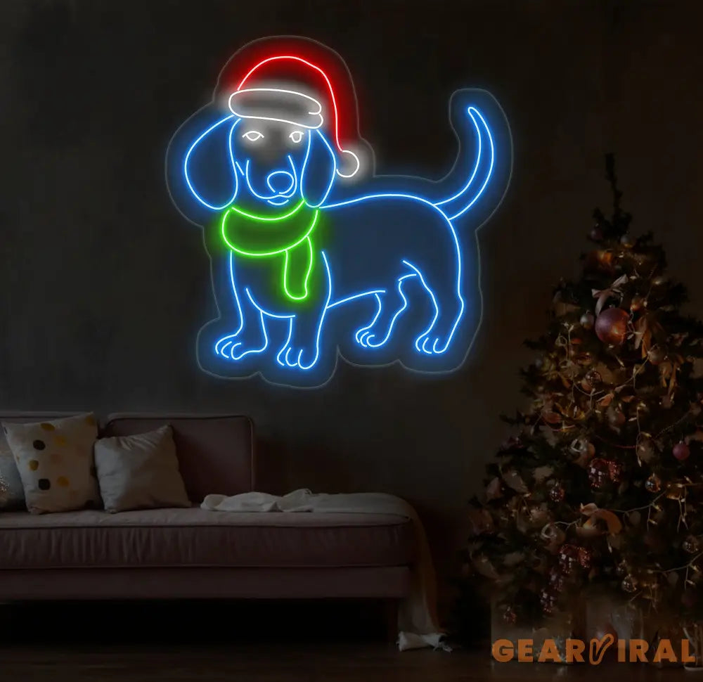 Funny Christmas Dachshund Neon Sign - Merry Christmas LED Light - Dachshund Christmas Tree Wall Art - Festive House