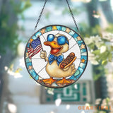 Funny Duck 4th of July Stained Glass Suncatcher Patriotic Window Hanging with Hot Dog & USA Flag Summer BBQ Party Decor