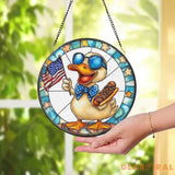 Funny Duck 4th of July Stained Glass Suncatcher Patriotic Window Hanging with Hot Dog & USA Flag Summer BBQ Party Decor
