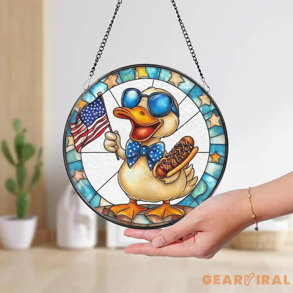 Funny Duck 4th of July Stained Glass Suncatcher Patriotic Window Hanging with Hot Dog & USA Flag Summer BBQ Party Decor
