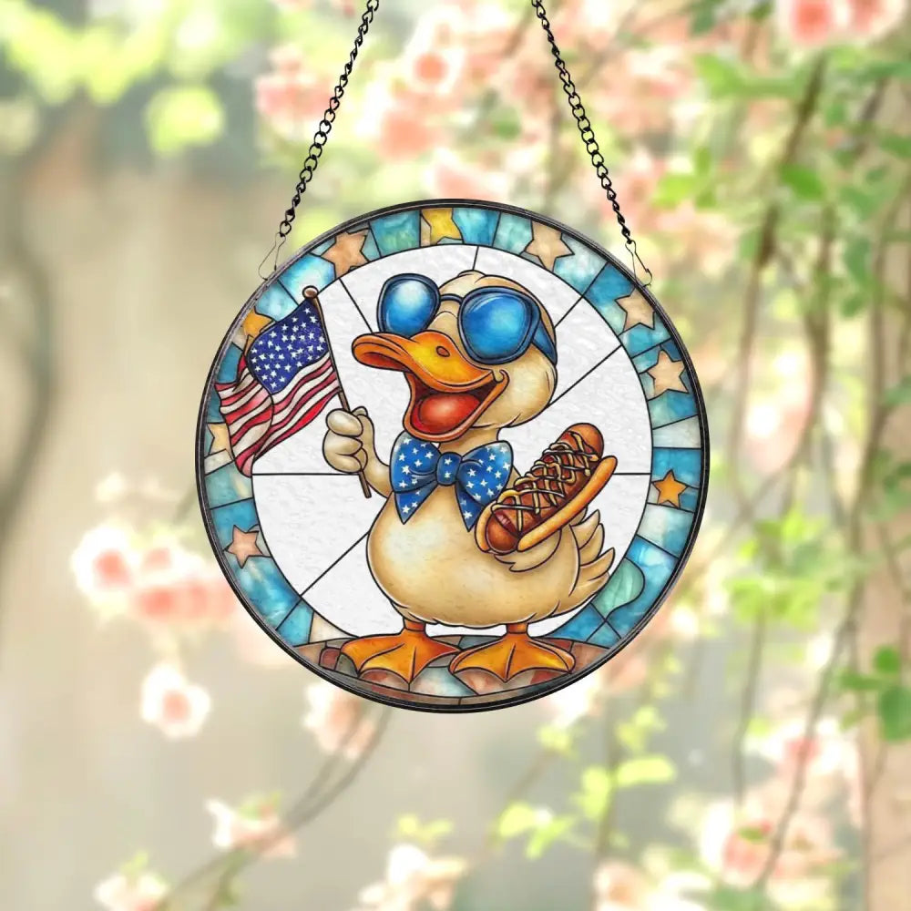 Funny Duck 4th of July Stained Glass Suncatcher Patriotic Window Hanging with Hot Dog & USA Flag Summer BBQ Party Decor