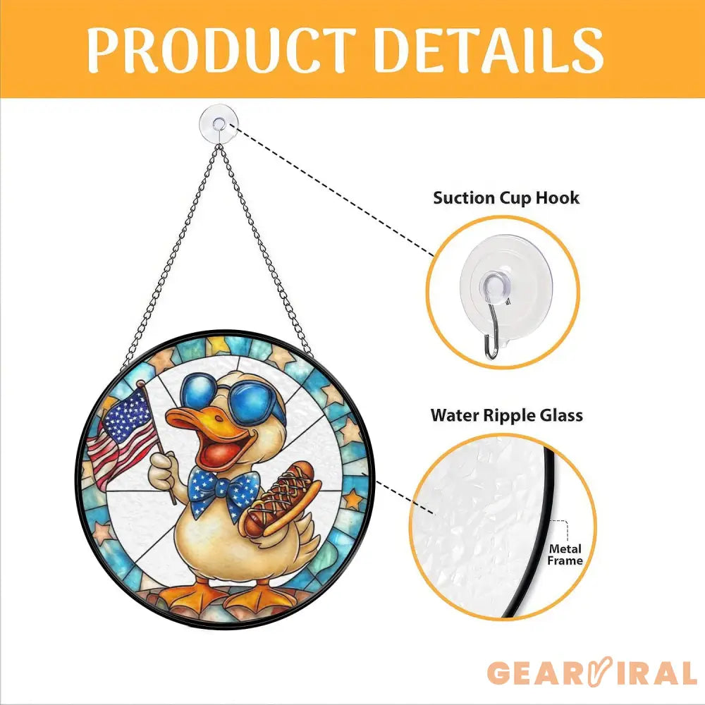 Funny Duck 4th of July Stained Glass Suncatcher Patriotic Window Hanging with Hot Dog & USA Flag Summer BBQ Party Decor